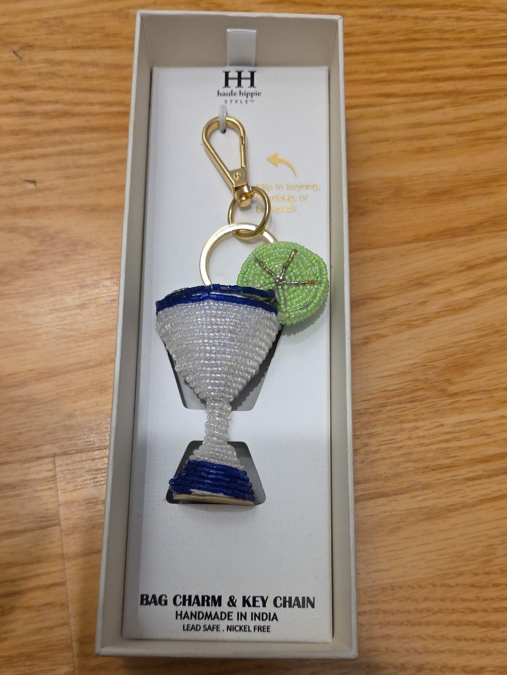 Haute Hippie White, Blue & Lime Beaded Cocktail Charm Keychain